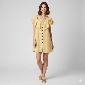 Main Strip Yellow Ruffle Mini Dress V-Neck Sleeveless Spring Resort Style Medium